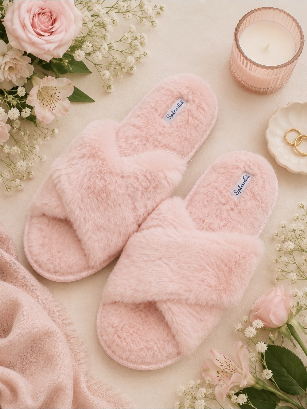 NWT Splendid Plush Criss-Cross Slippers Light Pink Size Medium/Large